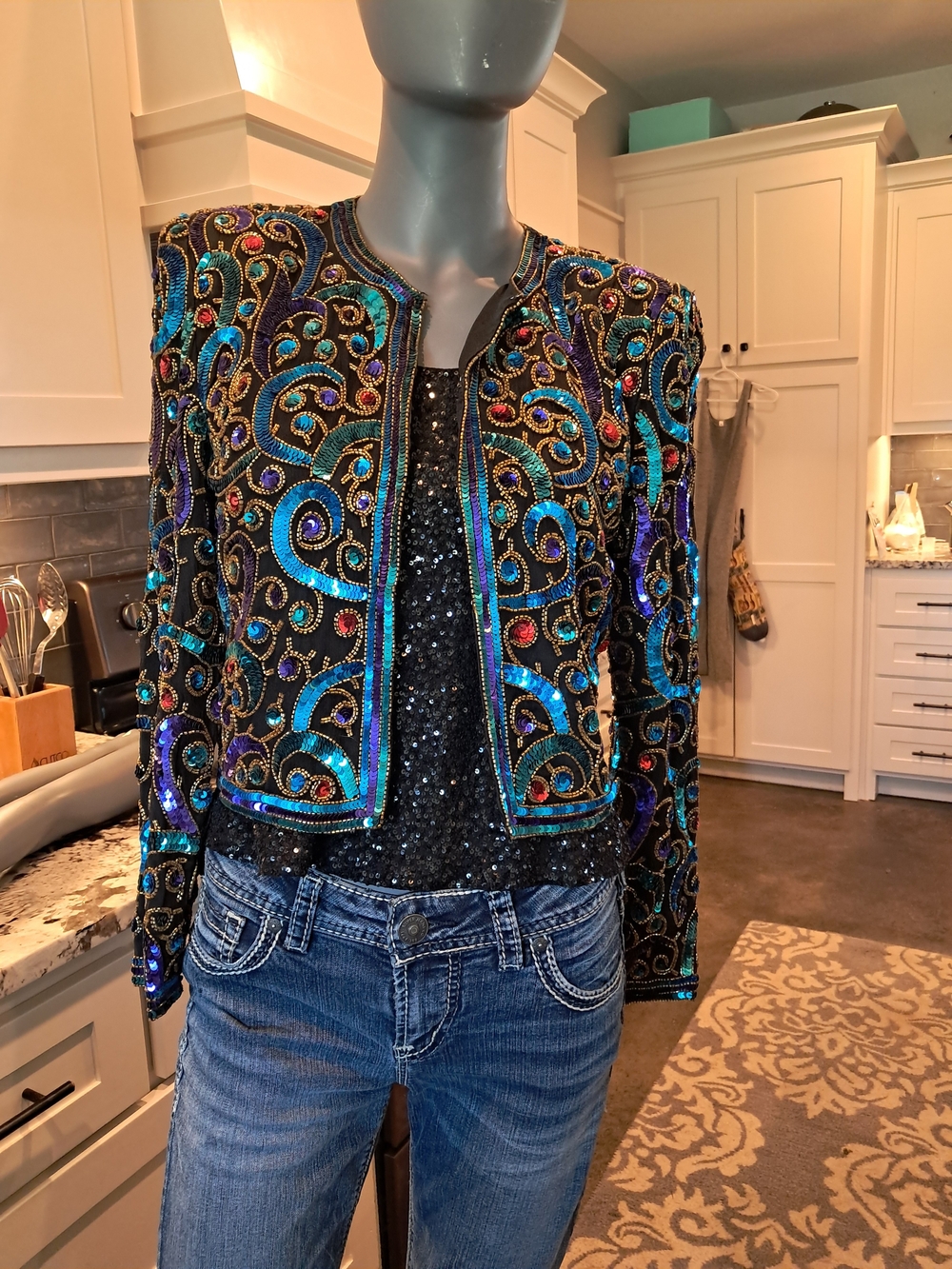 Scala Black Silk-Lined Jacket with Turquoise and Purple Sequin Trim